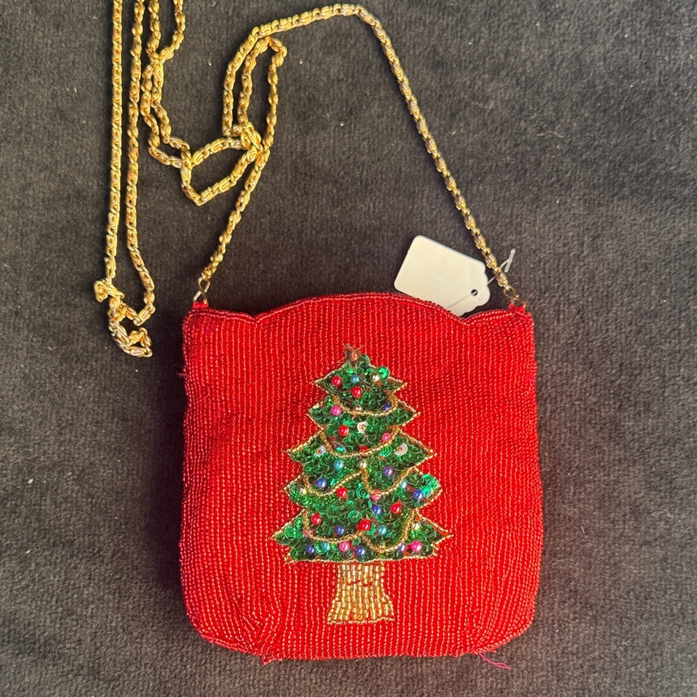 Red Beaded Christmas Tree Shoulder Bag